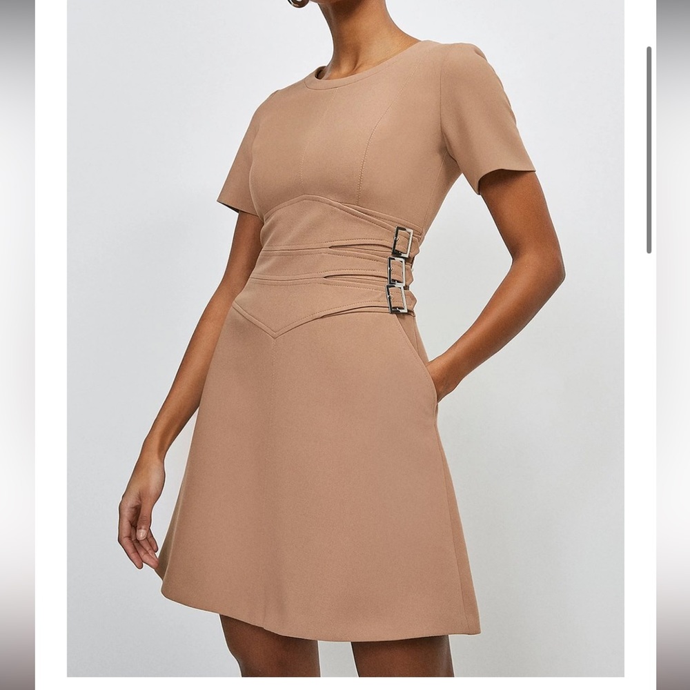 Karen Millen compact stretch buckle A-line dress 10 NWT
